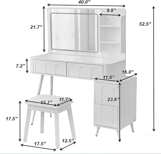 Casaphoria Makeup Vanity Desk with LED Lights & Mirror, 45.5" Dressing Table Set with 4 Drawers and Stool | White Bedroom Makeup Table with Dimmable Brightness, Space-Saving Design for Women & Teens