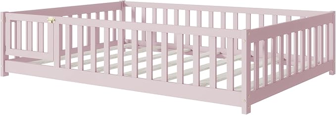 Bellemave Full Size Montessori Floor Bed Frame with Rails & Door, Solid Wood Kids Floor Bed Full with Removable Slats, Low Profile Montessori Bed for Children’s Sleep & Play, Pink