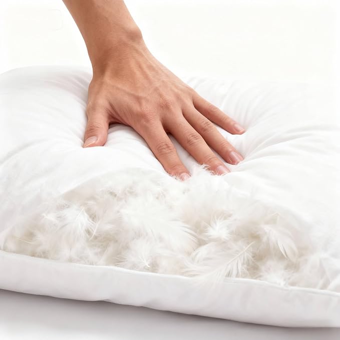 Thin Flat Soft Goose Feather Down Bed Pillows for Sleeping Hypoallergenic Standard Size Set of 1 Pack Side Back and Stomach Sleepers