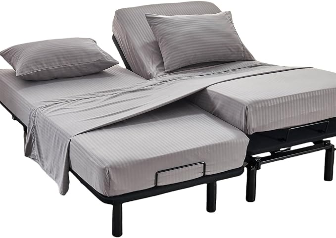 Kingnex Striped Split Queen Sheets for Adjustable Bed Soft 1800 Brushed Microfiber 5 Pieces Set Includes 2 30x80 Fitted Sheets with 14 Max Deep 1 Flat Sheet 2 Queen Size Pillowcases Grey