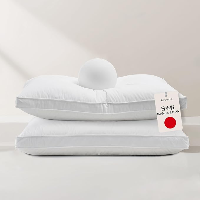 UNIKOME White Goose Down Feather Gusseted Pillows - 100% Cotton Cover - Queen Size Pillow Set of 2, Made in Japan Pillow for Sleeping