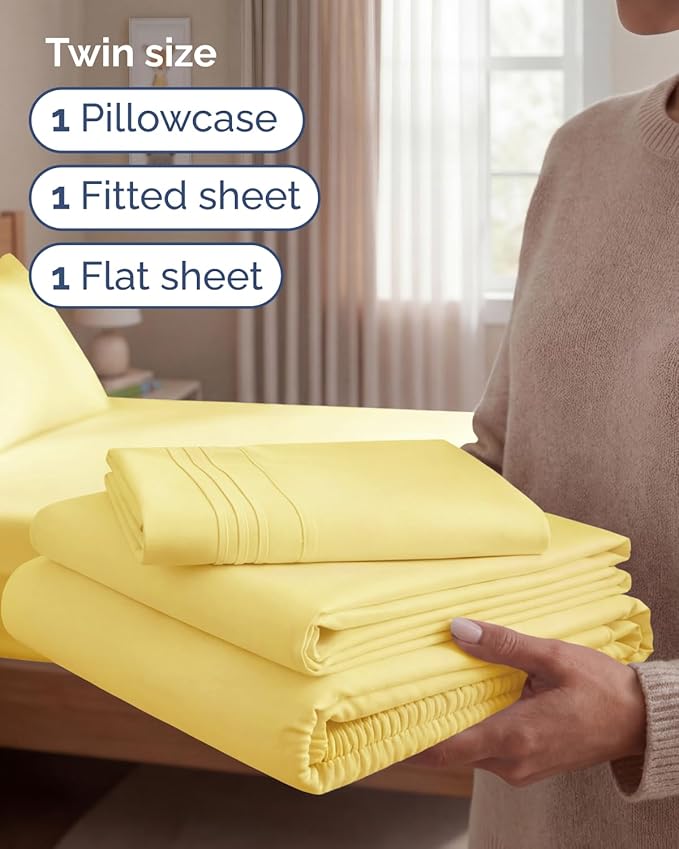Twin Size 3 Piece Sheet Set - Comfy Breathable & Cooling Sheets - Hotel Luxury Bed Sheets for Women & Men - Deep Pockets, Easy-Fit, Extra Soft and Wrinkle Free Sheets - Yellow Oeko-Tex Bed Sheet Set