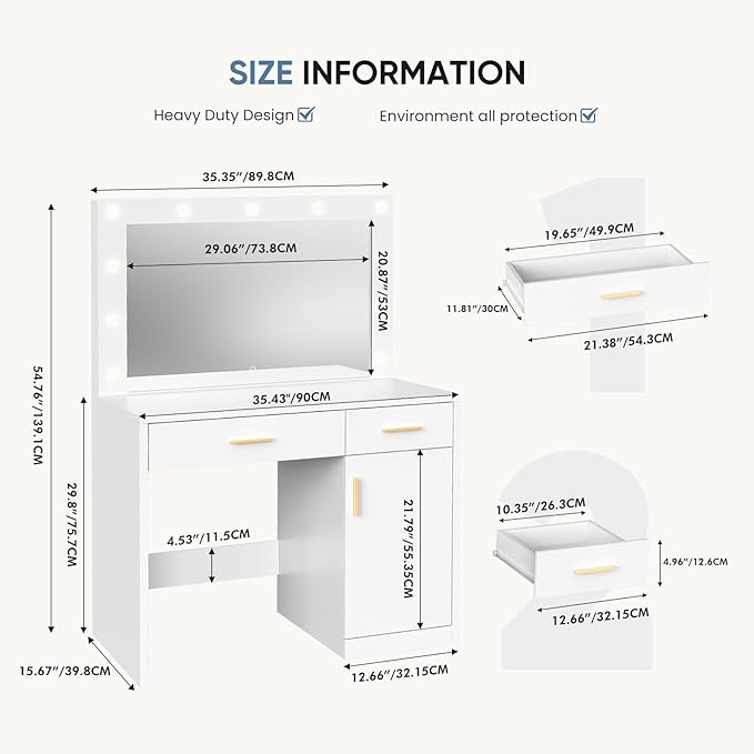 DUMOS Vanity Desk with Mirror and 11 LED Lights, Makeup Vanity Table with Charging Station (2AC/USB/C), Dressing Table with 2 Drawers & Large Cabinet, 3 Lighting Color Adjustable, White