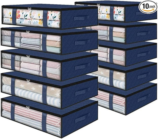 StorageRight Under Bed Storage Bags 10 Pack, 40L Large Clothes & Comforter Storage Containers with Clear Window, Breathable Fabric Organizer for Blankets, Bedding, Seasonal Clothing, Blue