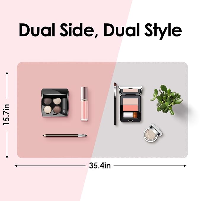 Makeup Mat for Vanity to Protect Desk Top 35.4 x 15.7 in, Dual-Sided Makeup Mat, Easy to Clean Desk Pad - Waterproof and Oilproof Vanity Accessories (Pink and Silver)