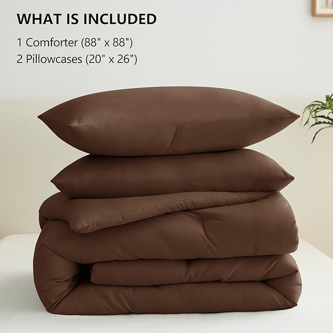 CozyLux Queen Comforter Set Brown, 3 Pieces Solid Comforters Queen Size Breathable Quilted Bedding Sets, Luxury Soft Lightweight Bed Set with Down Alternative Comforter and 2 Pillowcases All Seasons