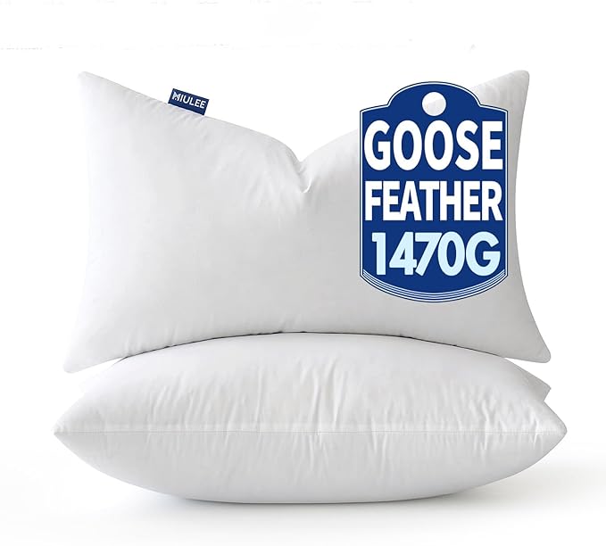 MIULEE Goose Feather Down Bed Pillows with 100% Cotton Cover, Queen Size Set of 2 Soft Fluffy Decorative Bed Sleeping Pillows for Back,Side Sleepers White