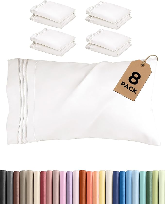 King Pillow Cases Set of 8 - Ultra Soft Hotel Quality Pillowcase Covers - Comfy, Cozy & Wrinkle Free - Shrink, Stain & Fade Resistant - Machine Washable Pillow Protectors - 8 Piece Set - Antique White