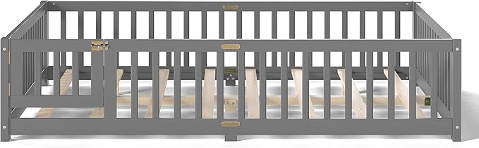 Bellemave Queen Floor Bed Frame with Rails and Door, Solid Wood Montessori Queen Size Floor Bed, Low Profile Montessori Beds with Removable Slats, Grey