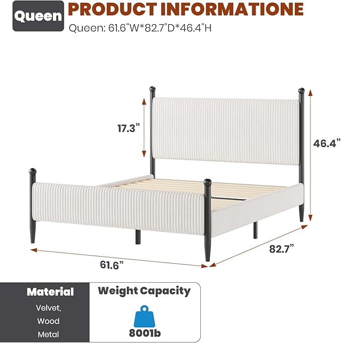 Garvee Queen Size Upholstered Bed Frame - with Velvet Headboard, Soft Corduroy Fabric Platform with Wooden Slats Support & Heavy Duty Feet, No Box Spring Needed, Noise Free, Easy Assembly, White