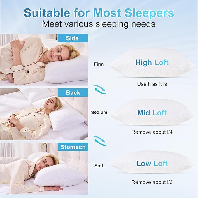 NTCOCO Cooling Bed Pillows King Size for Sleeping Shredded Memory Foam Bed Pillows Adjustable Gel for Side Stomach Back Sleepers Washable Removable Cover