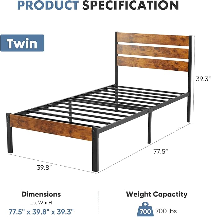 OLIXIS Twin Size Metal Platform Bed Frame - Mattress Foundation with Headboard and and Footboard, No Box Spring Needed with 700LBS Sturdy Wooden Slats Support, Noise Free, Easy Assembly
