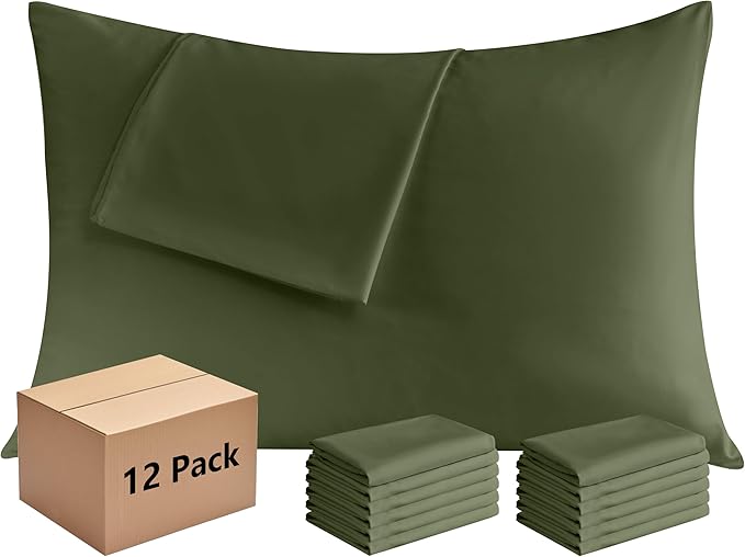 Pillowcases King 12 Pack, 20x36 Pillow Cases with Envelope Closure, Soft Plain Brushed Microfiber Covers Breathable Wrinkle-Resistant, Olive Green