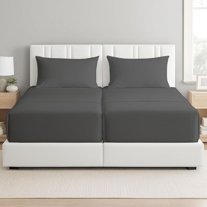 5 Piece Split Queen Sheet Set, 100% Egyptian Cotton, 16 Inch Deep Pockets, Dark Grey Solid, Soft Cooling Sheets for Adjustable Beds, Sleep Number Beds, Split Queen Mattress Sheet Set