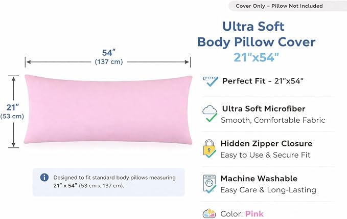 EVOLIVE Body Pillow Cover 21"x54", Ultra Soft Microfiber Pillowcase with Hidden Zipper, Breathable, Machine Washable, for Pregnancy & Side Sleepers, Cover Only (21"x54" Body Pillow Cover, Pink)