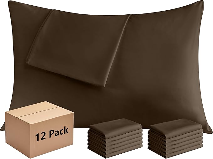 Pillowcases King 12 Pack, 20x36 Pillow Cases with Envelope Closure, Soft Plain Brushed Microfiber Covers Breathable Wrinkle-Resistant, Brown