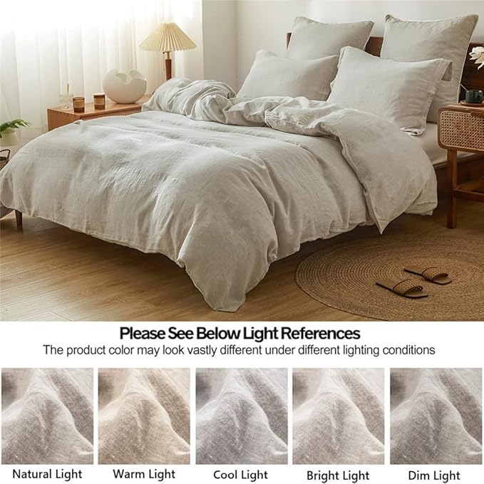Simple&Opulence 100% Linen Duvet Cover Set 3pcs Basic Style Natural French Washed Flax Solid Color Soft Breathable Farmhouse Bedding with Button Closure - Linen, California King