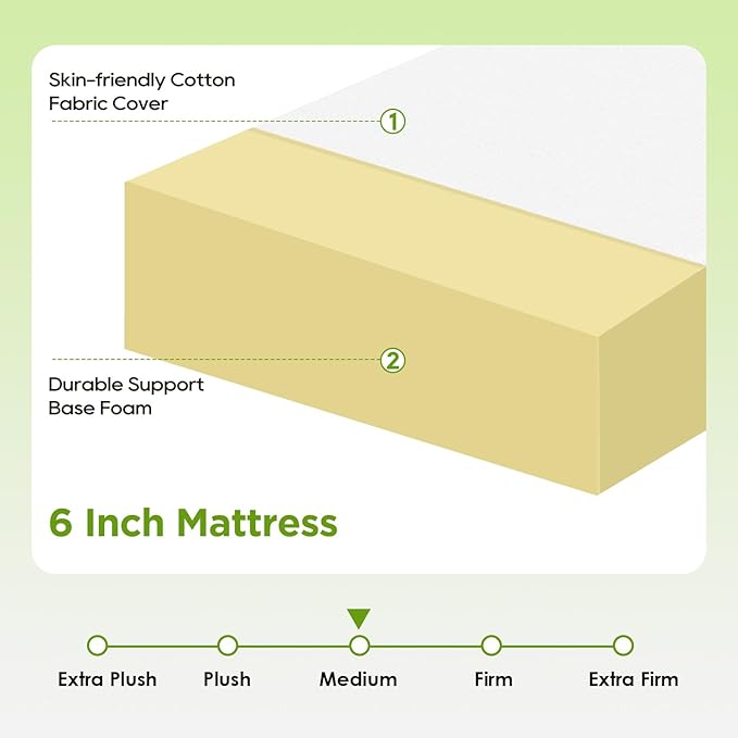 FDW 6 Inch Twin Mattress, Base Foam, Medium Firm Support, Breathable & Comfortable, Removable Washable Zipper Cover, Bed-in-a-Box，CertiPUR-US Certified