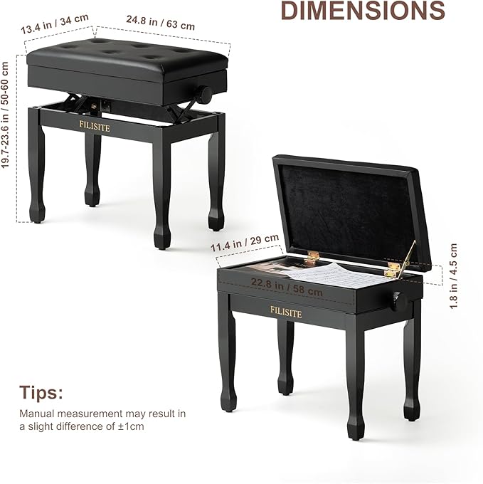 Adjustable Height Piano Bench Stool PU Leather Cushion Wooden Keyboard Seat with Music Storage (Black)