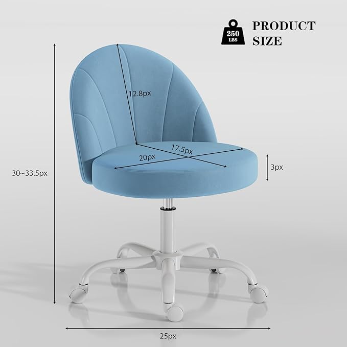 Velvet Vanity Chair with Wheels, Height Adjustable Swivel Makeup Chair, Armless Small Desk Chair for Bedroom/Office/Vanity Table, 250 lbs Capacity (Velvet, Blue)
