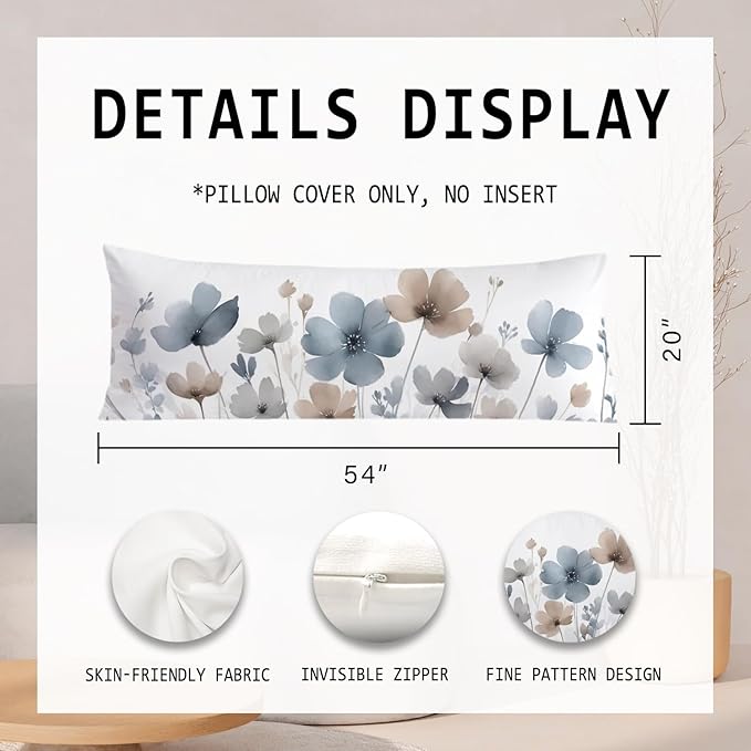 Vintage Watercolor Floral 20x54 Body Pillow Cover, Floral Room Decor, Abstract Blue Gray and White Flowers Botanical Decorative Long Body Pillow Cases for Bed Couch