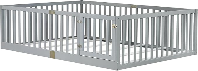 Bellemave Full Size Montessori Floor Bed with 21.5" High Rails, Rubber Wood Full Floor Bed with Slats and Door, Gray