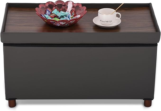 Dorriss Ottoman Storage Bench for Living Room with Tray, Bedroom Foot Stool, Coffee Table Lid, End of Bed Faxu Leather 30" Inch (L-Grey)