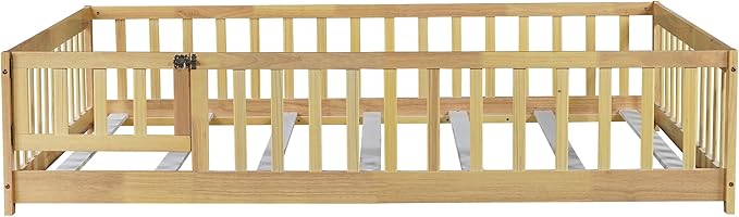 Bellemave Full Size Montessori Floor Bed Frame with Rails & Door, Solid Wood Kids Floor Bed Full with Removable Slats, Low Profile Montessori Bed for Children’s Sleep & Play, Natural