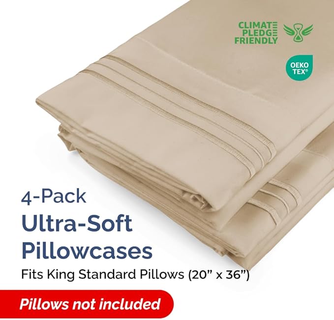 King Standard Pillow Cases Set of 4 - Soft Hotel Quality Pillowcase Covers - Comfy Bedding for Women, Men, Kids & Teens - Machine Washable Pillow Protectors - 4 Piece Set - King Standard Size Cream