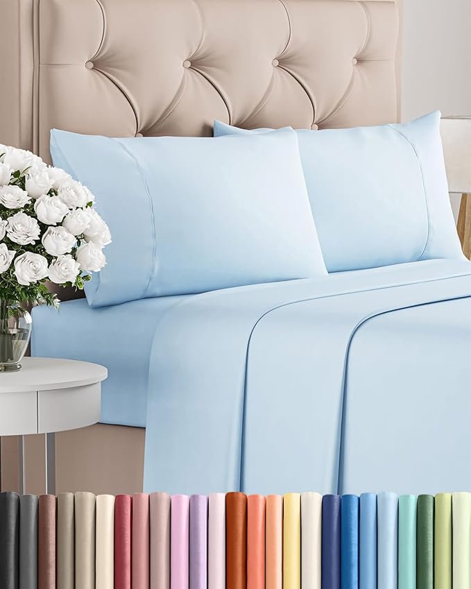 Twin 4 Piece Sheet Set - Comfy, Breathable & Cooling - Hotel Luxury Bedding for Women, Men, Kids, Teens & Children - 1 Flat & 1 Fitted Sheet & 2 Pillowcases w/ Deep Pockets - Wrinkle Free - Baby Blue