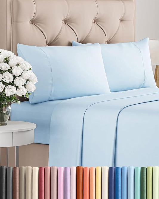 Twin 4 Piece Sheet Set - Comfy, Breathable & Cooling - Hotel Luxury Bedding for Women, Men, Kids, Teens & Children - 1 Flat & 1 Fitted Sheet & 2 Pillowcases w/ Deep Pockets - Wrinkle Free - Baby Blue
