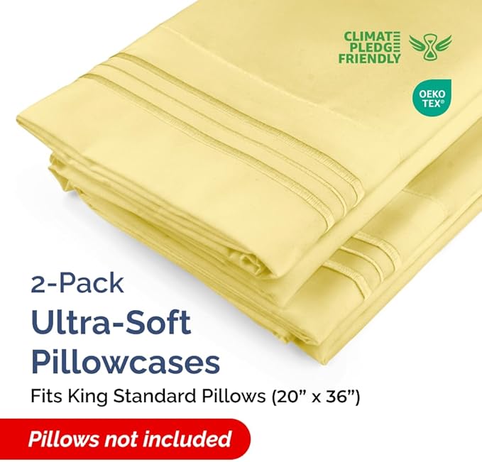 King Standard Pillow Cases Set of 2 - Ultra-Soft Hotel Quality Pillowcase Covers - Comfy, Cozy & Fade Free - Wrinkle Resistant - Machine Washable Pillow Protectors - 2 Piece Set - Yellow