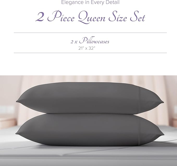 Carressa Linen 100% Egyptian Cotton Pillow Cases Queen Size Set of 2 - Luxury 600 Series Hydrangeas Collection Queen Size Pillowcases (Dark Grey), Cooling Sateen Weave Hotel Quality Bed Pillow Cover