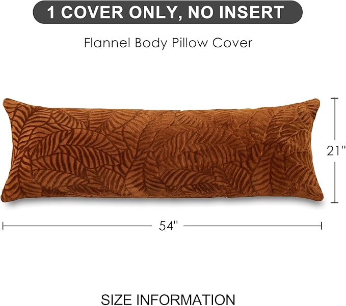 SOCHOW Fall Body Pillow Cover 21x54 Inches, Super Soft and Cozy Leaves Textured Fleece Long Body Pillowcase with Zipper Closure,1 Pack, Caramel
