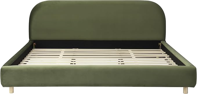Merax California King Size Teddy Fleece Thick Fabric Upholstered Platform Bed with Curved Shaped Headboard, Wood Bed Frame with Solid Round Legs for Kids Teens Adults, Olive Green