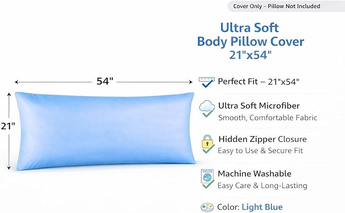 EVOLIVE Body Pillow Cover 21"x54", Ultra Soft Microfiber Pillowcase with Hidden Zipper, Breathable, Machine Washable, for Pregnancy & Side Sleepers, Cover Only (21"x54" Body Pillow Cover, Light Blue)