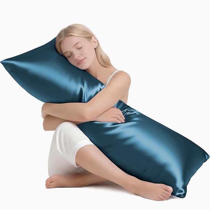 MR&HM Satin Body Pillow Cover, Soft and Breathable Body Pillow Case with Envelope Closure, Cooling and Silky Long Pillowcase for Hair and Skin,Grey (20x54, Teal)