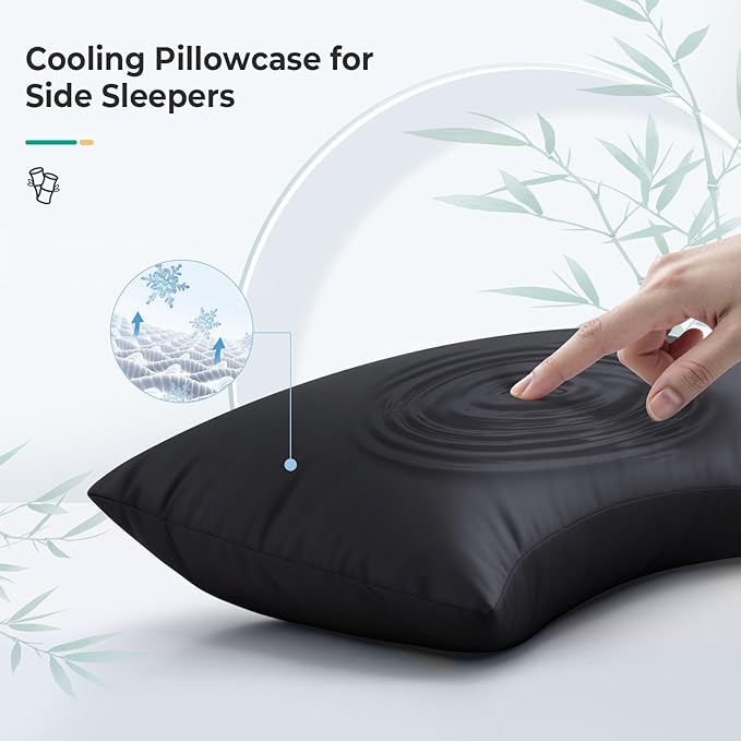 Cooling Curved Queen Pillow Case for Sider Sleeper Breathable Cool Silky Soft Pillow Cover with Zipper for Hot Sleepers,Hair and Skin Friendly,Black,1 Pack,20x30IN