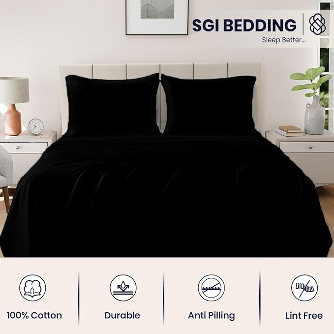 SGI bedding 100% Egyptian Cotton Sheets Queen Size – 600 Thread Count Sheets Set, Soft, Cooling, 15" Deep Pocket, Luxury Hotel Bedding, Breathable, Durable - Black