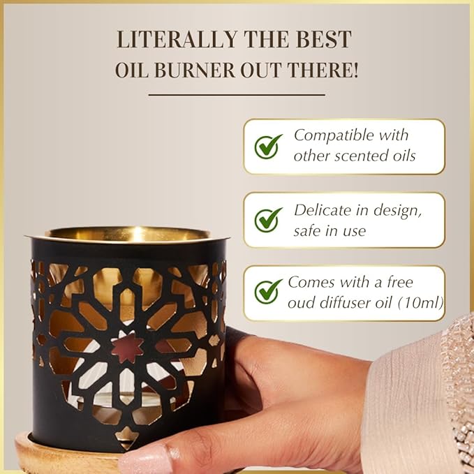 Dukhni Oil Burner | Brass Burner with Candle | Use for Essential Oil, Aroma Oil, Diffuser Oils | Relax with Home Aromatherapy, for Stress Relief, Meditation, Massage and Home Fragrance, Islamic Gift