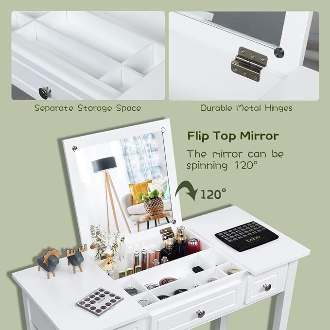 CHARMAID Makeup Vanity Desk with Flip Top Mirror, 3 Drawers, 7 Storage Compartments, White Writing Desk Dressing Table Vanity Set with Cushioned Stool for Girls Women, Easy Assembly