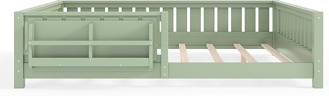 Bellemave Queen Floor Bed Frame with Fence & Bookshelf, Solid Pinewood Montessori Floor Bed Frame Queen with Slats Load 550LBS, Low Floor Bed for Bedroom, Nursery, Easy Assembly, Green