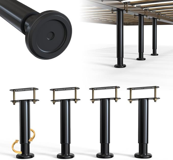 4Pcs Bed Frame Support Leg, Adjustable Height 5.8"-9", Extra Sturdy Steel Bed Frame Support Legs with Wider Rubber Base, More Stable/Quieter, Bed Slat Reinforcement Kit for King/Queen Bed