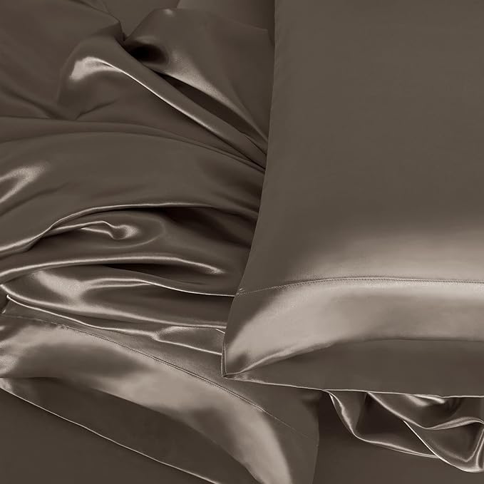 Homiest 4pcs Satin Sheets Set Luxury Silky Satin Bedding Set with Deep Pocket, 1 Fitted Sheet + 1 Flat Sheet + 2 Pillowcases (King Size, Tinfoil Brown)