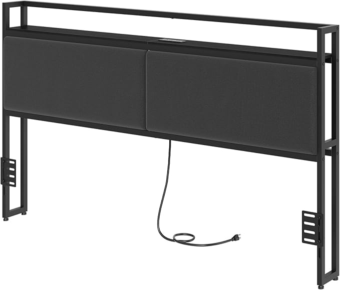 YATINEY King Size Headboard with Storage Shelves, Upholstered Headboard with Charging Station, Height Adjustable, Sturdy and Stable, Vintage Style, Black