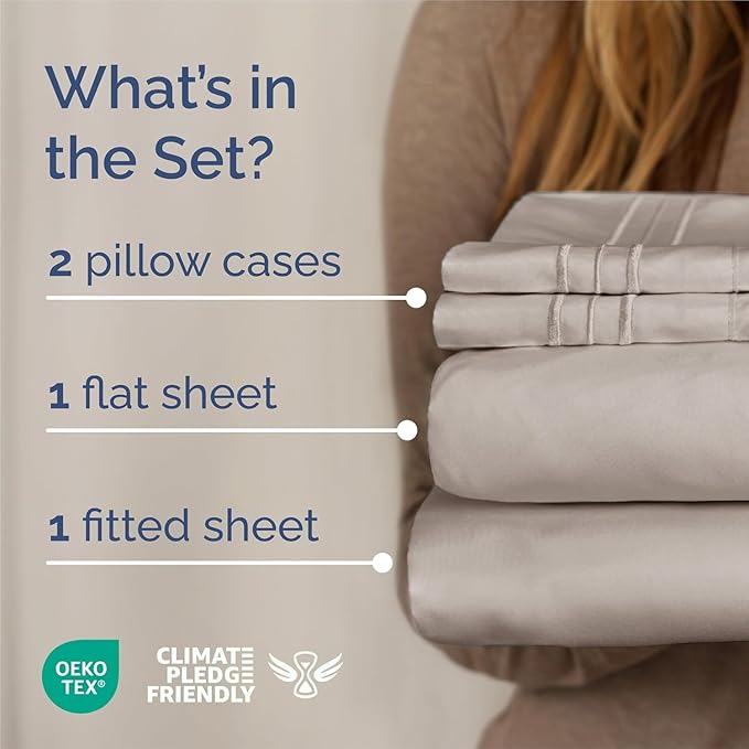 King Size 4 Piece Sheet Set - Comfy Breathable & Cooling Sheets - Hotel Luxury Bed Sheets for Women and Men - Deep Pockets, Easy-Fit, Soft and Wrinkle Free Sheets - Light Grey Oeko-Tex Bed Sheet Set