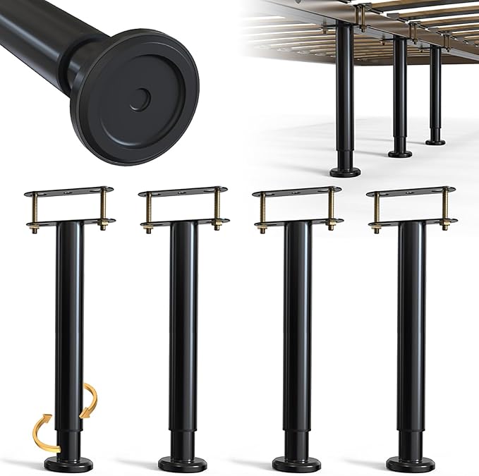 4Pcs Bed Frame Support Leg, Adjustable 14" to 23.6", Increase Under-Bed Storage Space, Extra Sturdy Steel Bed Risers with Wider Rubber Base, More Stable, for King/Queen Bed
