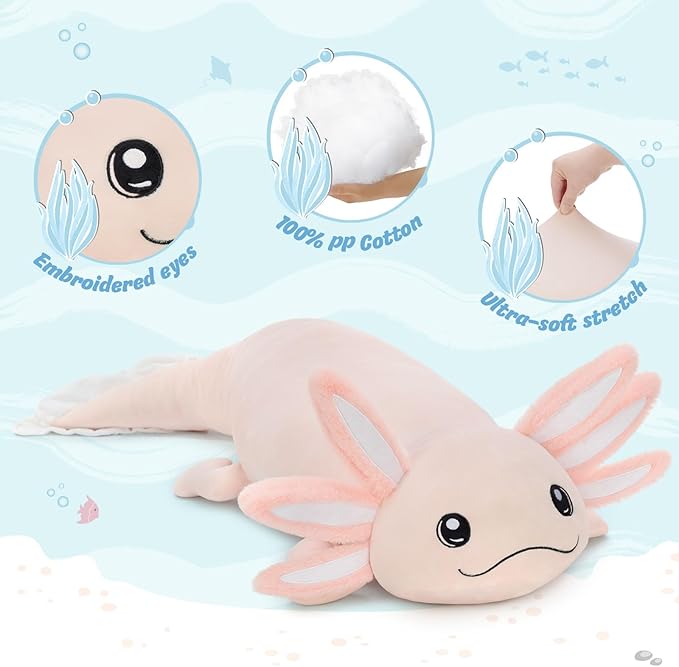 MaoGoLan Giant Glow in the Dark Axolotl Plush Pillow – 48'' Pink Axolotl Stuffed Animal, Hugging Salamander Plush Toy for Kids Girl Boy, Large Salamander Body Pillow Birthday Gift Baby Shower Decor