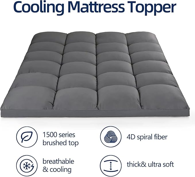 Mattress Topper Full XL for Back Pain, Extra Thick Mattress Pad Cover, Plush Pillow Top, Deep Elastic Pocket, Grey, 54"X80"+20"