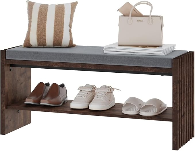 BON AUGURE 40" Storage Bench with Plush Cushion & 2-Tier Organizer, Modern Entryway Ottoman Bench for Hallway, Mudroom, Bedroom (Rustic Oak)